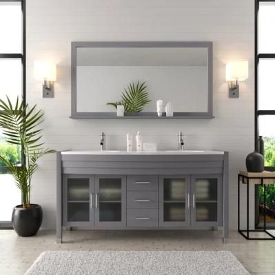 New Grey Double Sink Floor Type Solid Wood Bathroom Cabinet