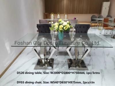 Dopro New Design Modern Diamond Dining Table D520, Stainless Steel Polished Shiny + Clear Tempered Glass Table Top