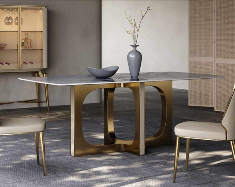 Italian Luxury Style Modern Dining Table Set Natural Marble Top Stainless Steel Home Dining Room Furniture Rectangle Dining Tables and Chairs