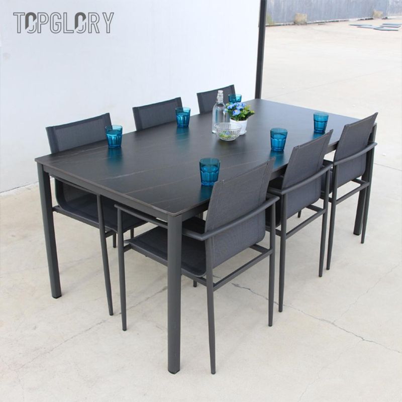 Wholesale Modern Outdoor Furniture Stainless Steel Tube Frame Armrest Design Imported Dining Table and Chair