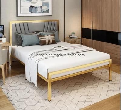 Modern Metal Furniture Bedroom Leather Upholstered Golden Iron Frame Bed