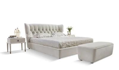 Chinese New Classical Tufted Button Beige Velvet Fabric Bed