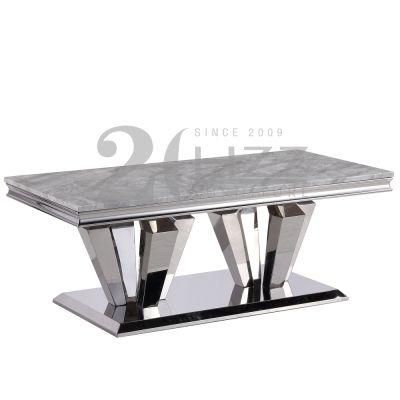 European Luxury Silver Stainless Steel Tempered Dining Room Furniture Modern Rectangle Stone Table