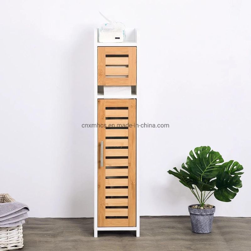 Modern Design Bamboo Wood Paper Toilet Holder Bathroom Storage Cabinet with Storage Shelf, Door