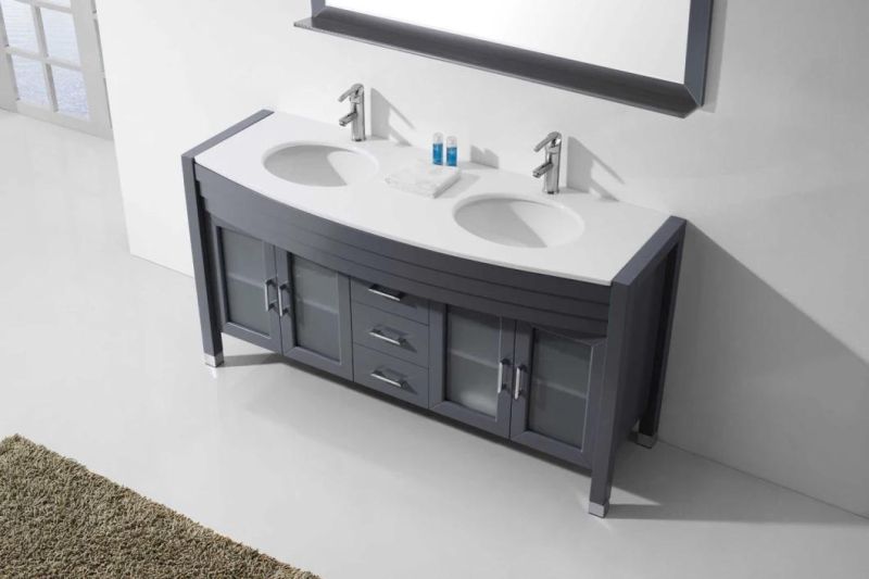 New Grey Double Sink Floor Type Solid Wood Bathroom Cabinet