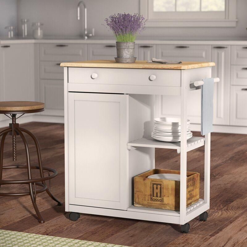 American Home Styles Antique White Painting Wooden Rolling Kitchen Cart with Wooden Top