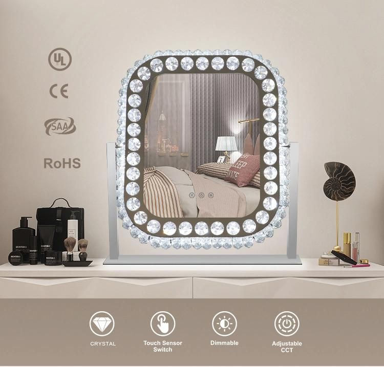 Crystal Hollywood Makeup Mirror with Light and Stainless Metal Base