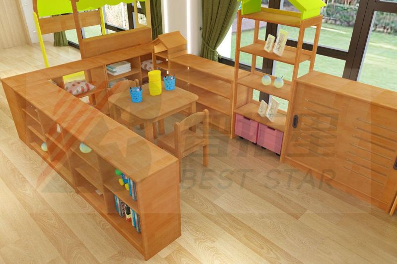 Children Room Furniture, Kindergarten and Nursery School Furniture, Kids Storage Wardrobe Cabinet with Slide Door. Display Wooden Cabinet