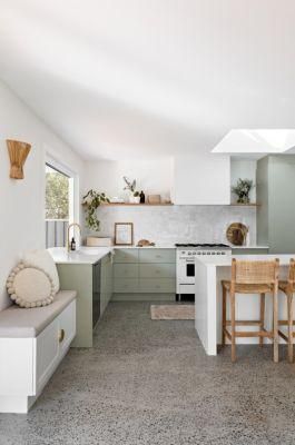 L-Shaped Light Green Slab Open Shelf Moistureproof Beautiful Pantry Drawer Front Panel Kitchen Cabinets