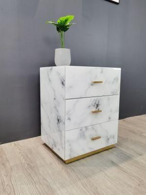 White Marble Glass 3 Drawer MDF Elegant and Modern Bedside Bedroom Furniture