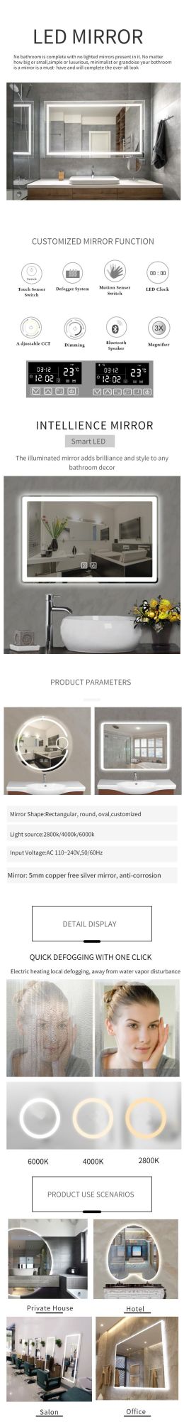 Hotel Bathroom Anti Fog Touch Switch Waterproof LED Smart Mirror