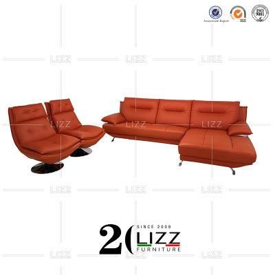 Comfortable Modern Luxury Living Room Furniture Orange Genuine Leather Leisure Sofa Set with Single Chair