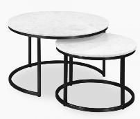 Round Nesting Coffee Table Set, Modern Accent Table Table with Faux Marble Glasses Top and Metal Frame for Living Room, (White &amp; Black)