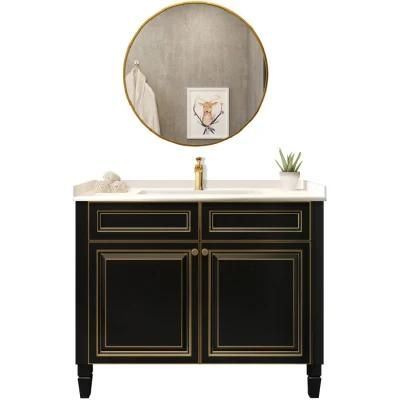 Hotel Modern Black Solid Wood Bathroom Vanity with LED Mirror