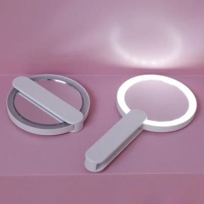Gift Round Foldable Handle LED Lighted Makeup Pocket Mirror for Promotional