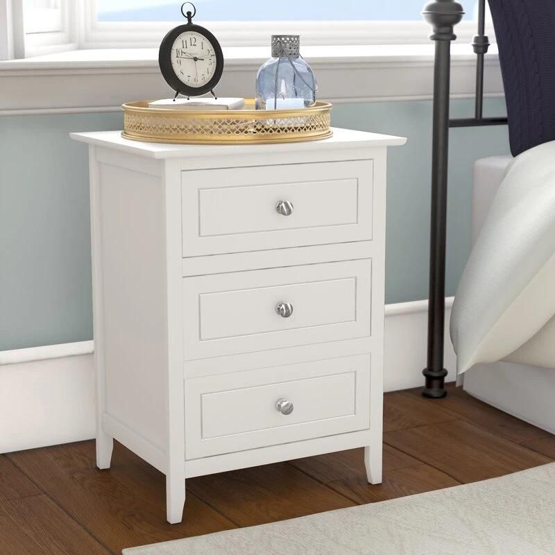 Mirrored Furniture White Bedside Table Wooden 3 Drawer Nightstand End Table Bedroom Furniture with Metal Handle