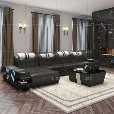 Professional European Latest Design Functional Top Grain Leather L Shape Couch Living Room Corner Sofa