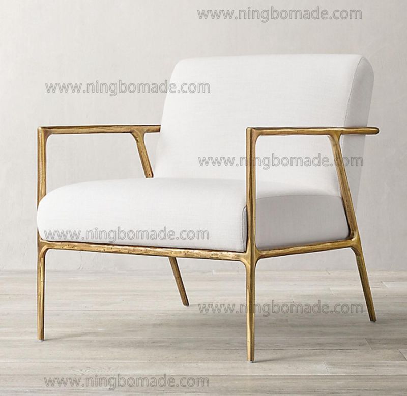 Rustic Hand Hammered Collection Furniture Forged Solid Iron Metal with Brass Color White Linen Arm Sofa