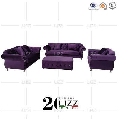 Tufted Design Modern Home Hotel Furniture European Living Room Fabric Purple Sofa Set