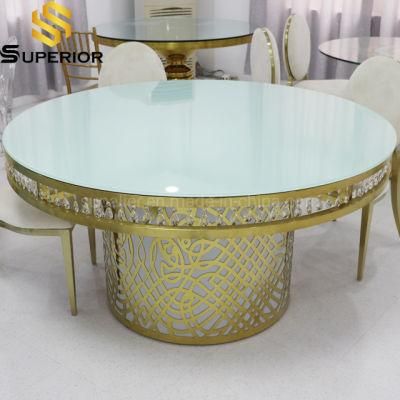 Wedding Furniture Gold Stainless Steel Carved Base Event Dinner Table