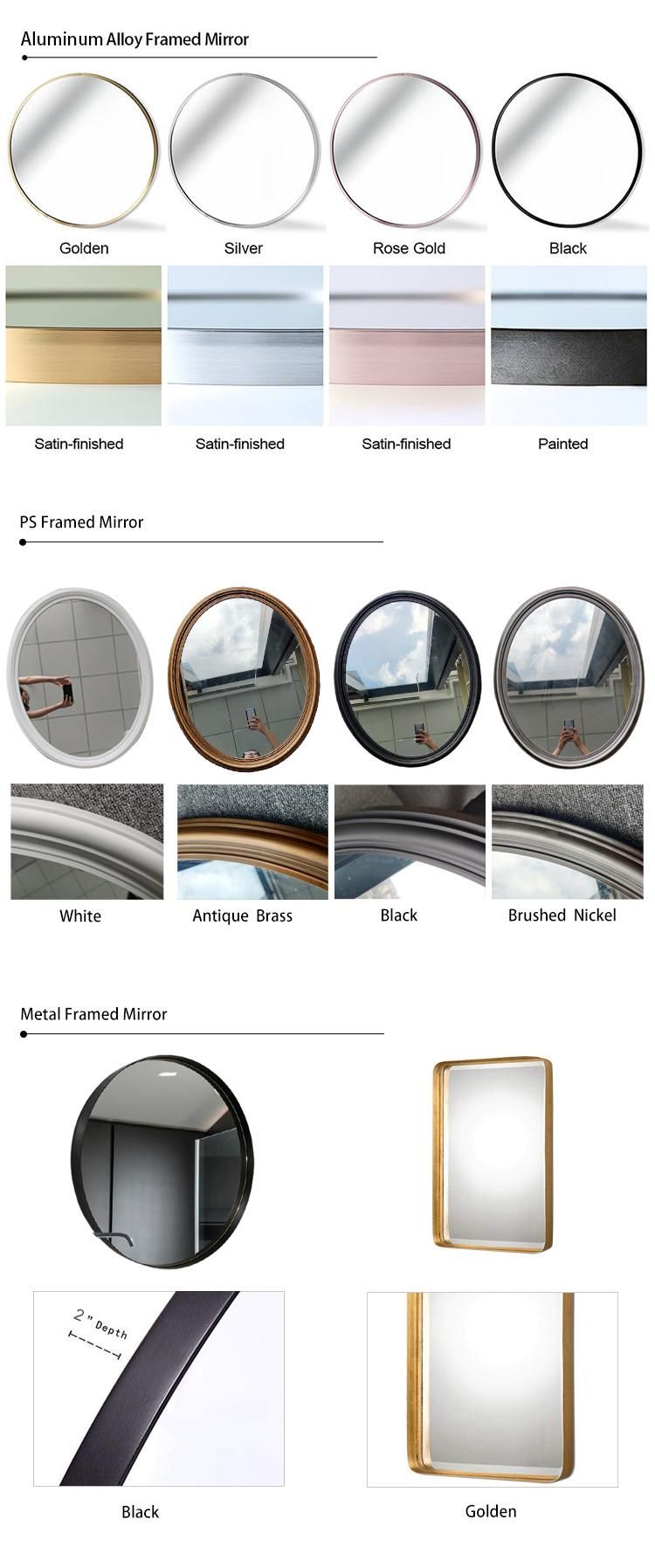 Jinghu 24′′x36′′ Inch Wall Mounted Mirror Black Golden Brass Metal Aluminum PS Frame Bathroom Mirror
