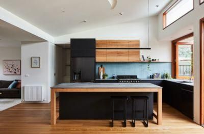 L-Shaped Mosaic Tile Splashback Black Appliances Grey Benchtop Kitchen Cabinets