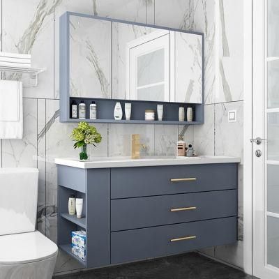 Blue Melamine Bathroom Vanity with LED Luxury Storage Mirrored Cabinet, Defogging