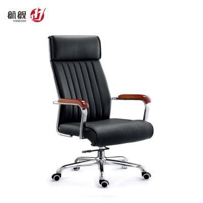Black PU Leather with Wooden Armrest High Back Office Furniture