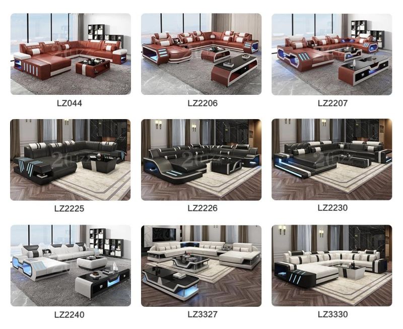Luxury Italian Nordic Genuine Leather Modular Living Room Sofa Sectional Home Furniture with LED Light
