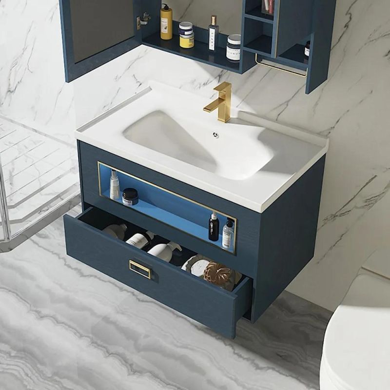 28" Melamine Board Bathroom Cabinet Blue Floating Bathroom Vanity Rock Plate Ceramic Drop-in Sink with Cabinet & Drawer