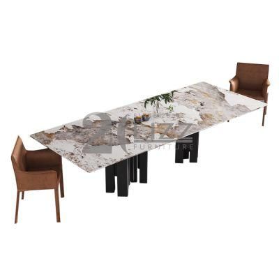 High End Nordic Luxury Stainless Steel Dining Room Furniture Marble Stone Table &amp; Leather Dining Chair Set