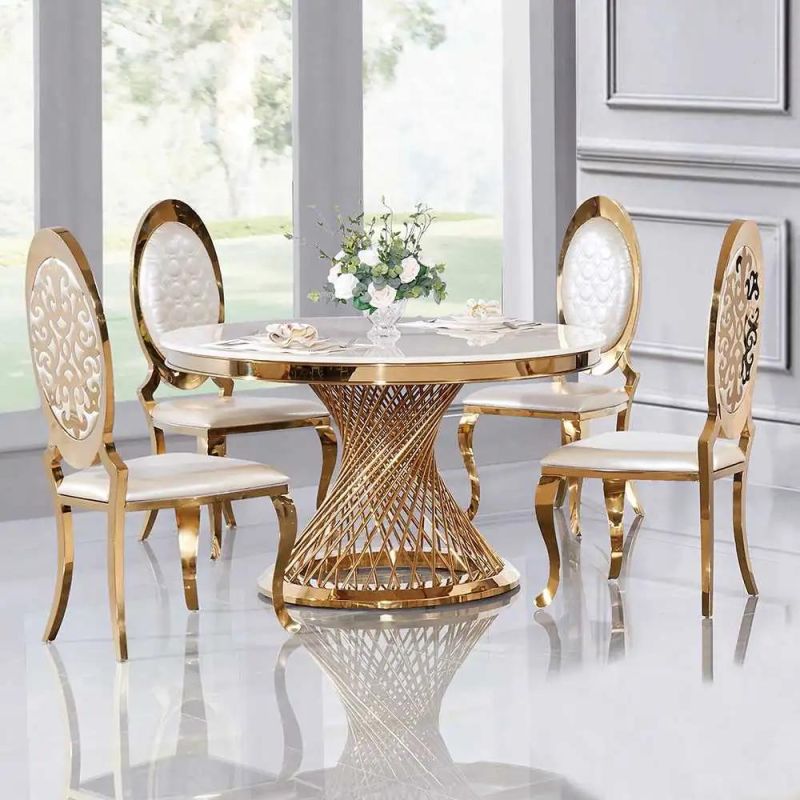 Modern Steel Frame Round 8 Seater Marble Top Dining Table Set