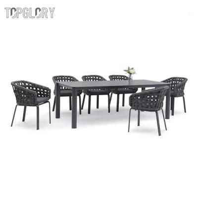 Outdoor Garden Rattan Furniture PVC Rubber Webbing Weaving Dining Table and Chairs for 6 People Seater