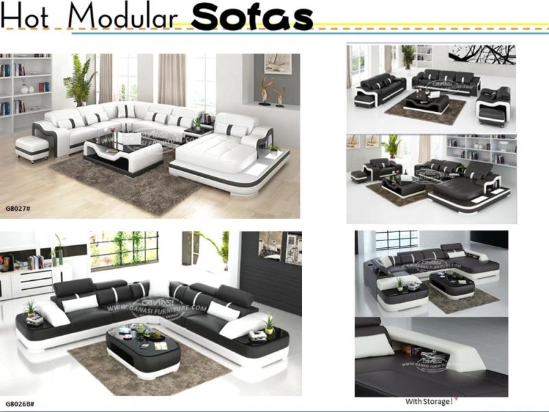 Black Color Modern LED Light Genuine Leather Home Furniture with Tea Table