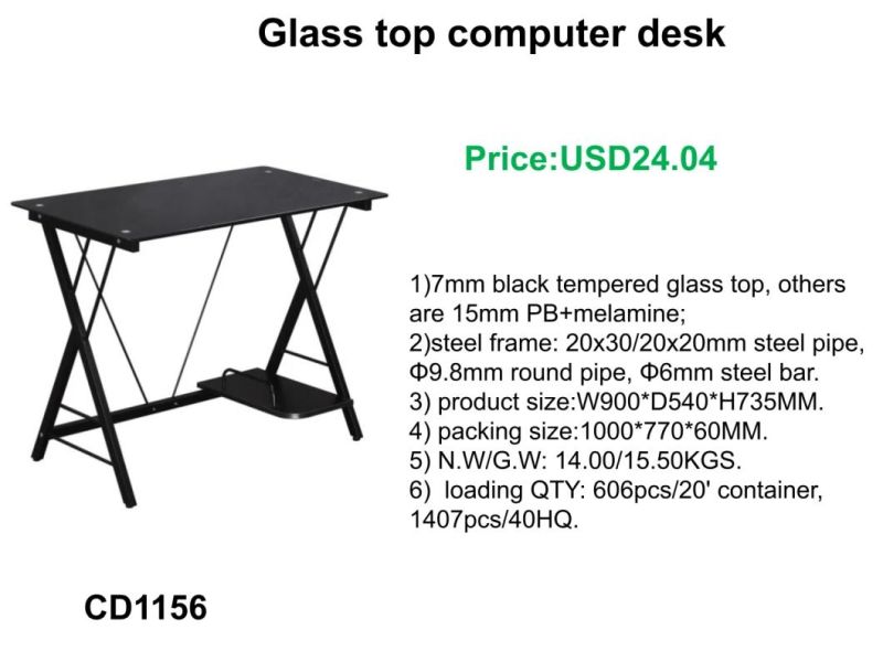 Modern Design Home Office Hotel Furniture Glass Top Computer Desk
