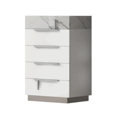 Nova Modern Design Melamine Bedroom Cabinet Glossy White Drawer Chest with Silver Base and Metal Handle