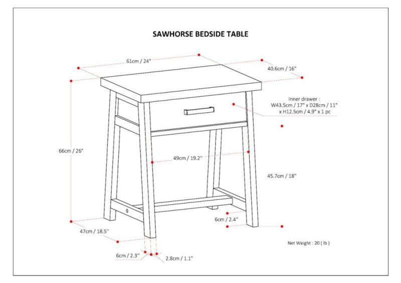 Sawhorse 24 Inches Wide Night Stand, Bedside Table, Distressed Grey Solid Wood