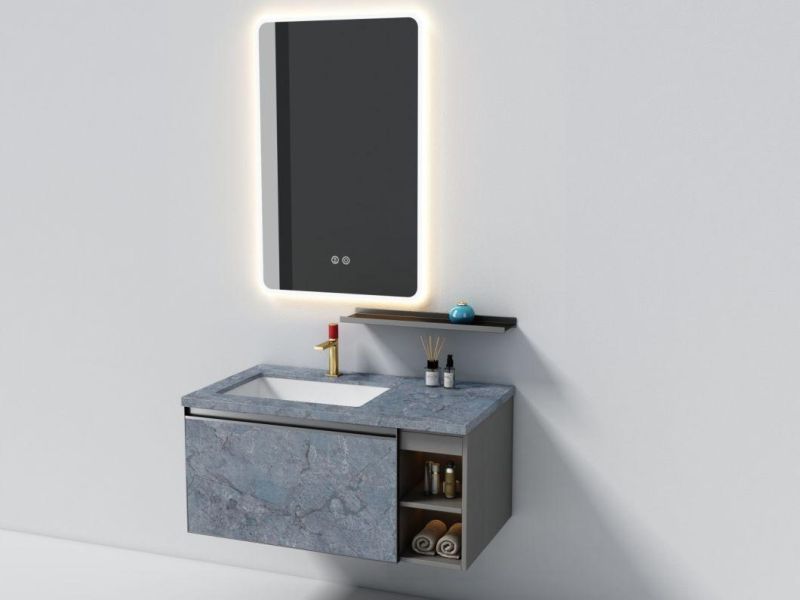Green Simple and Luxury Melamine Bathroom Vanity with Shelf and Round LED Mirror
