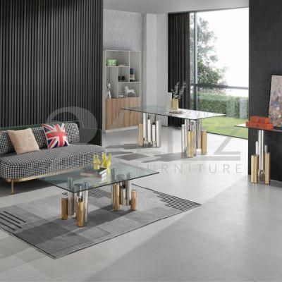 Antique Rectangle Gold and Silver Stainless Steel Table Furniture Glass Top Clear Dining Table for Dining Room Furniture