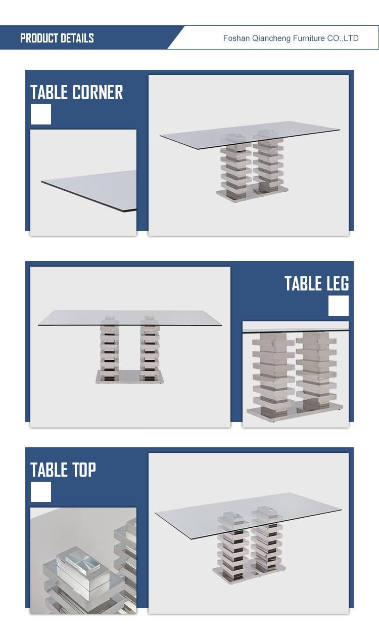 Modern Tempered Glass Stainless Steel Dining Table with 6chairs