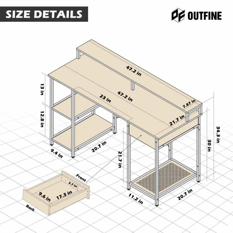 Computer Desk Office Desk with Drawer, Monitor Stand and Storage Shelves