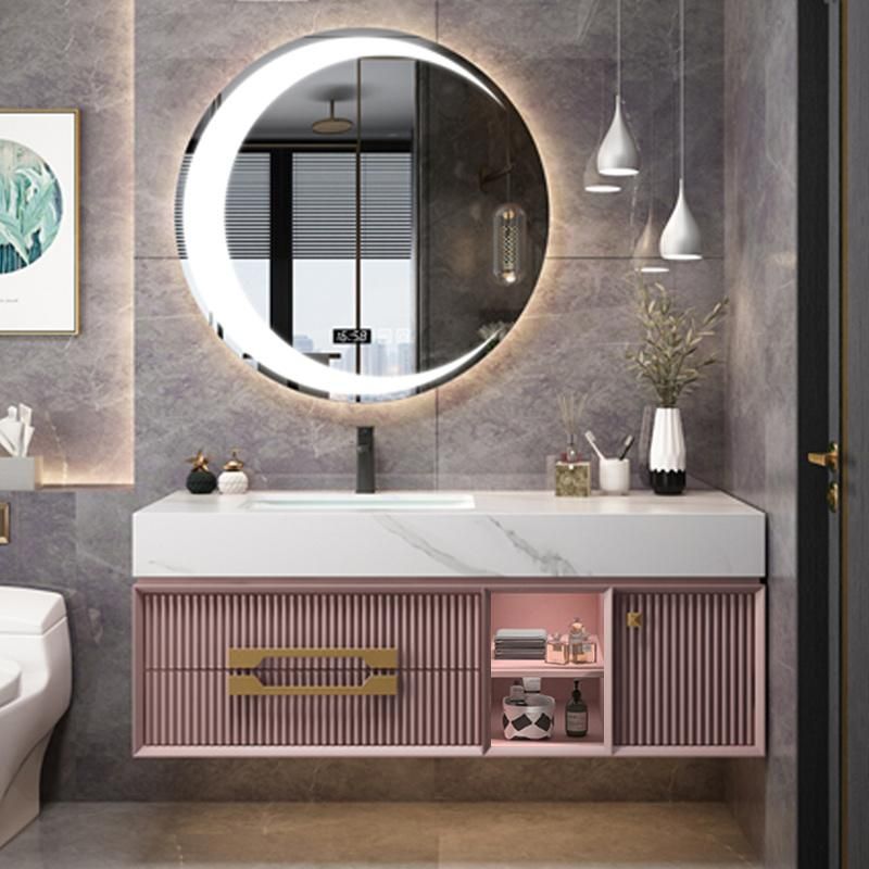 Nordic Light Luxury Rock Plate Ceramic Bathroom Cabinet with Simple Intelligent Round Mirror Customization