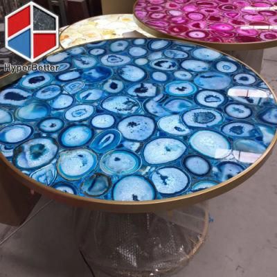 Blue Agate Coffee Tables Round with LED Light Inside