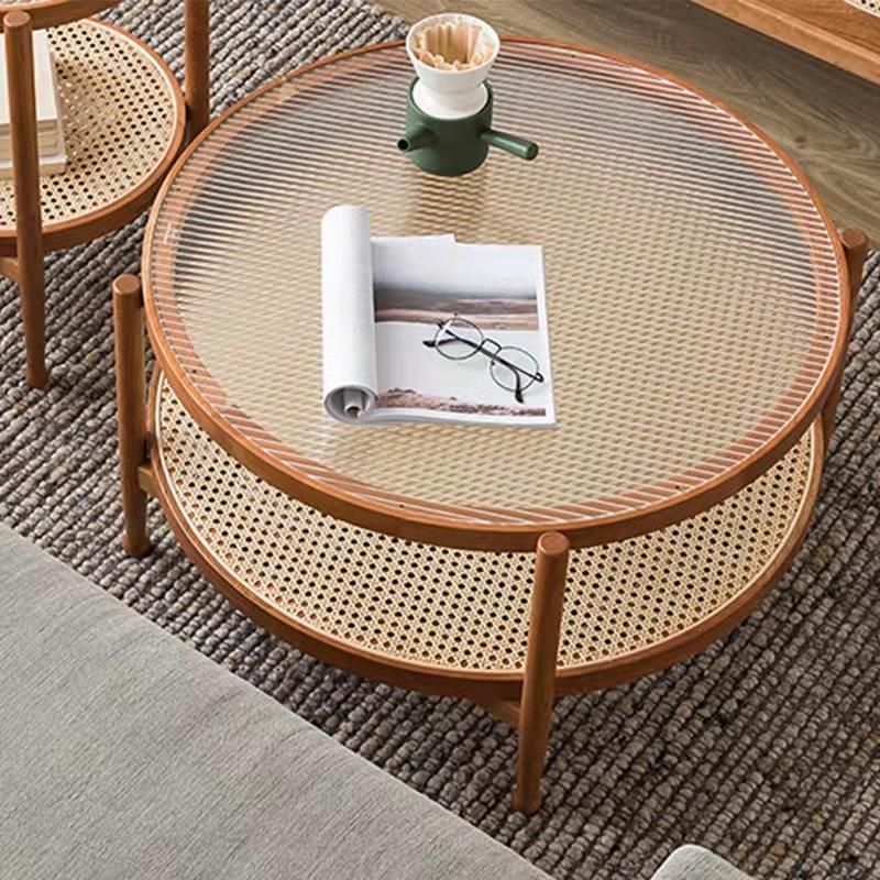 Modern Furniture Family Living Room with Storage of Solid Wood Glass Rattan Side Table