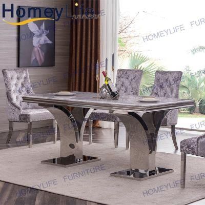 Double Y Shape Modern Marble Dining Table with Silver Metal Base