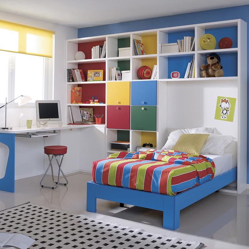 Nordic Style Modern Green Kids Bedroom with Hanging Cabinet & Writing Desk Kids Bed