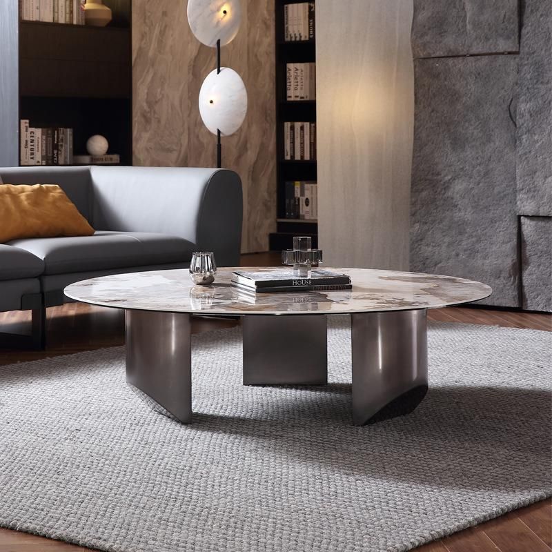 Home Furniture Titanium Round Grey Marble Rock Plate Coffee Table