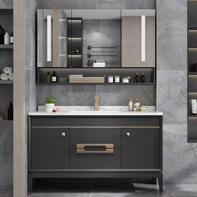 Modern Design Floor Mounted Ceramic Wash Basin Sink Bathroom Furniture Mirror Cabinet Wood Cabinet with Ceramic Sink and Marble Top