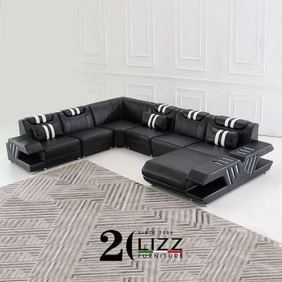 USA Popular Living Room Wooden Furniture Modern Design Modular Leather Corner LED Sofa