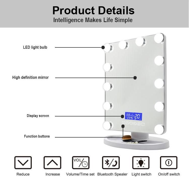 Tabletop Dressing Makeup Vanity Hollywood LED Mirror with Bluetooth Speaker